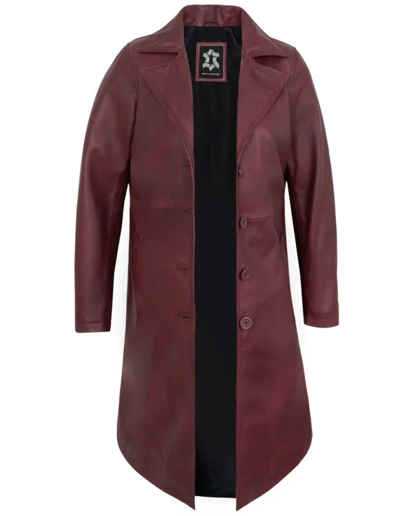 Women’s Maroon Leather Car Coat – Genuine Lambskin Long Jacket