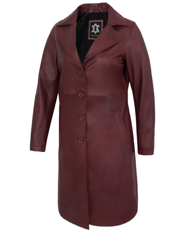 Women’s Maroon Leather Car Coat – Genuine Lambskin Long Jacket