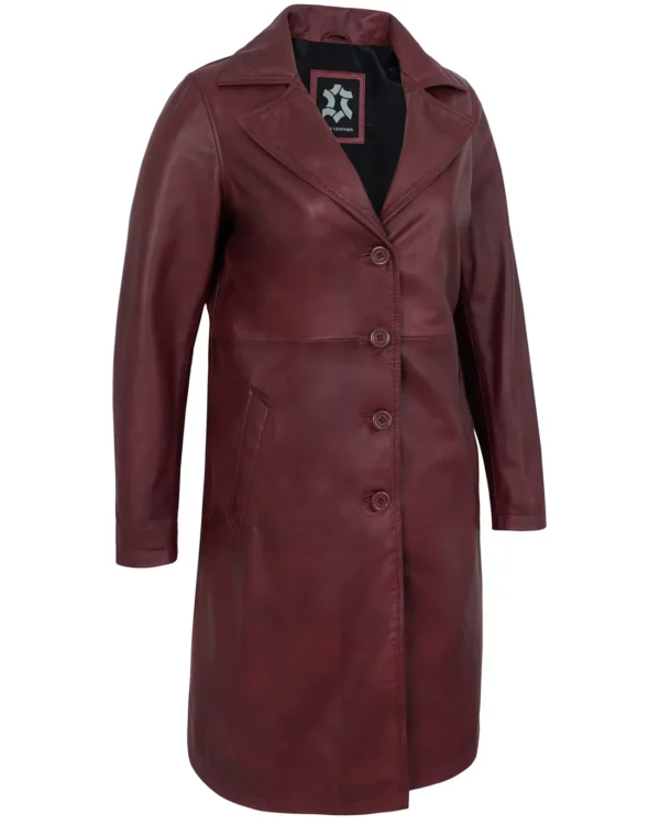 Women’s Maroon Leather Car Coat – Genuine Lambskin Long Jacket