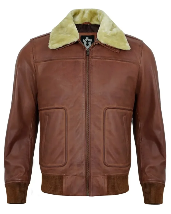Men’s Brown Leather Shearling Bomber Jacket – Premium Real Lambskin