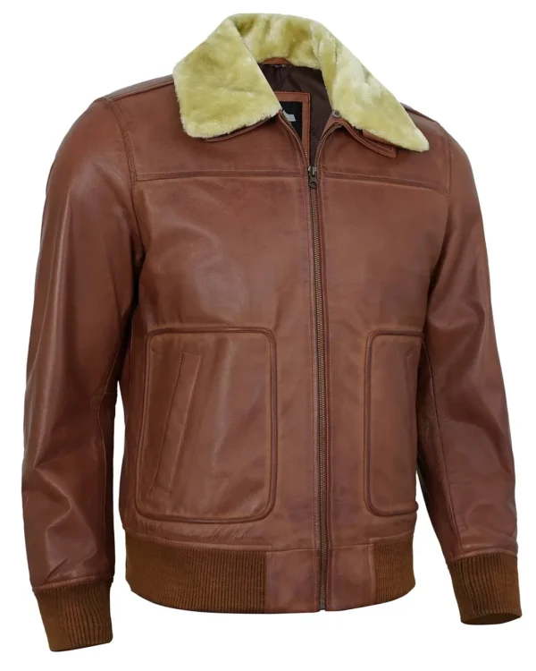 Men’s Brown Leather Shearling Bomber Jacket – Premium Real Lambskin