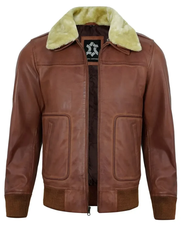 Men’s Brown Leather Shearling Bomber Jacket – Premium Real Lambskin