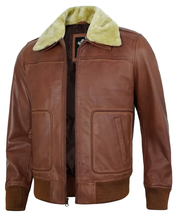 Men’s Brown Leather Shearling Bomber Jacket – Premium Real Lambskin