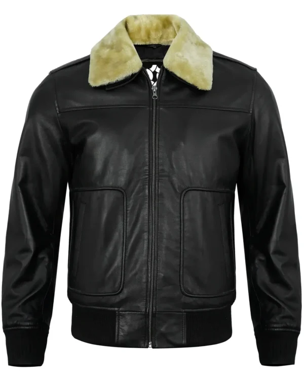 Men’s Black Shearling Leather Jacket – Real Lambskin Bomber Style