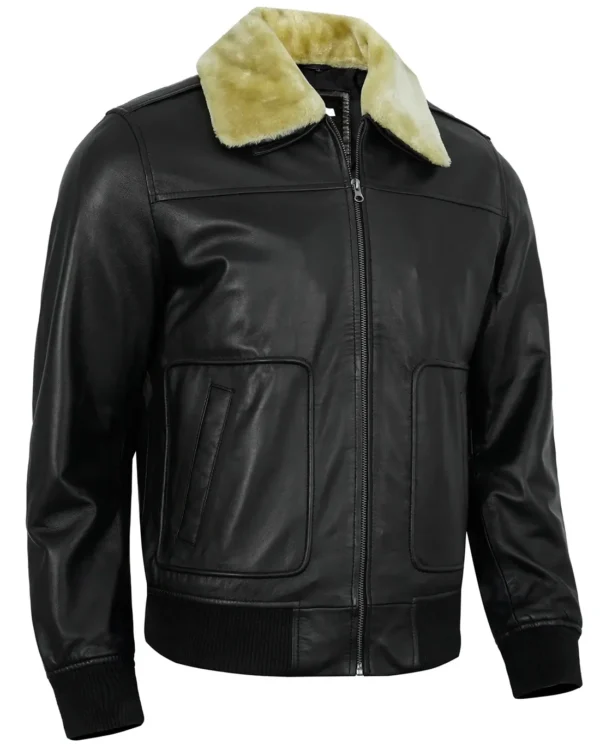 Men’s Black Shearling Leather Jacket – Real Lambskin Bomber Style