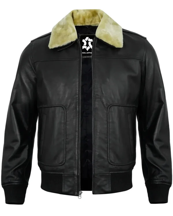 Men’s Black Shearling Leather Jacket – Real Lambskin Bomber Style