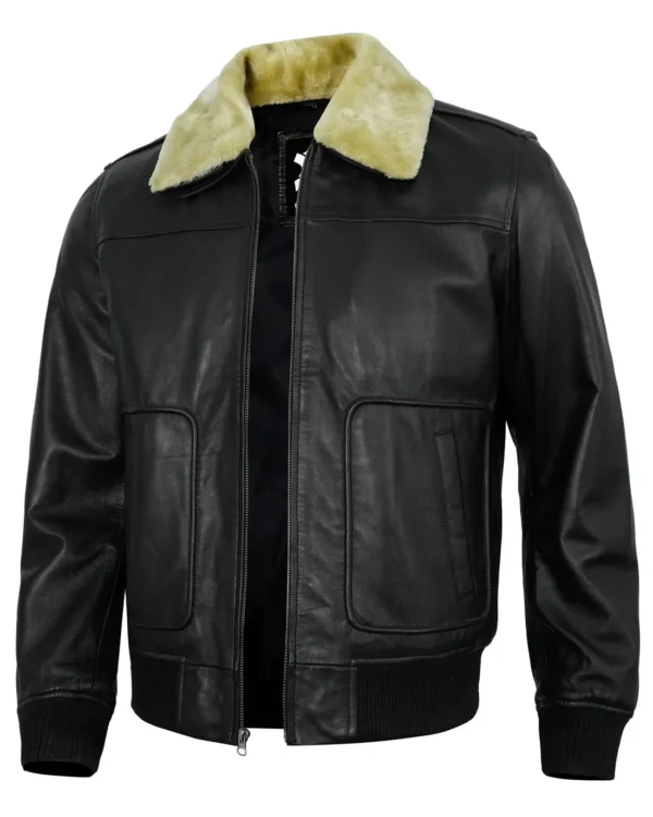 Men’s Black Shearling Leather Jacket – Real Lambskin Bomber Style