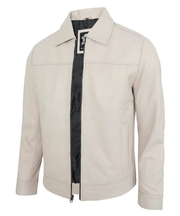 Real Lambskin Beige Motorcycle Jacket – Classic Turn-Down Collar for Men
