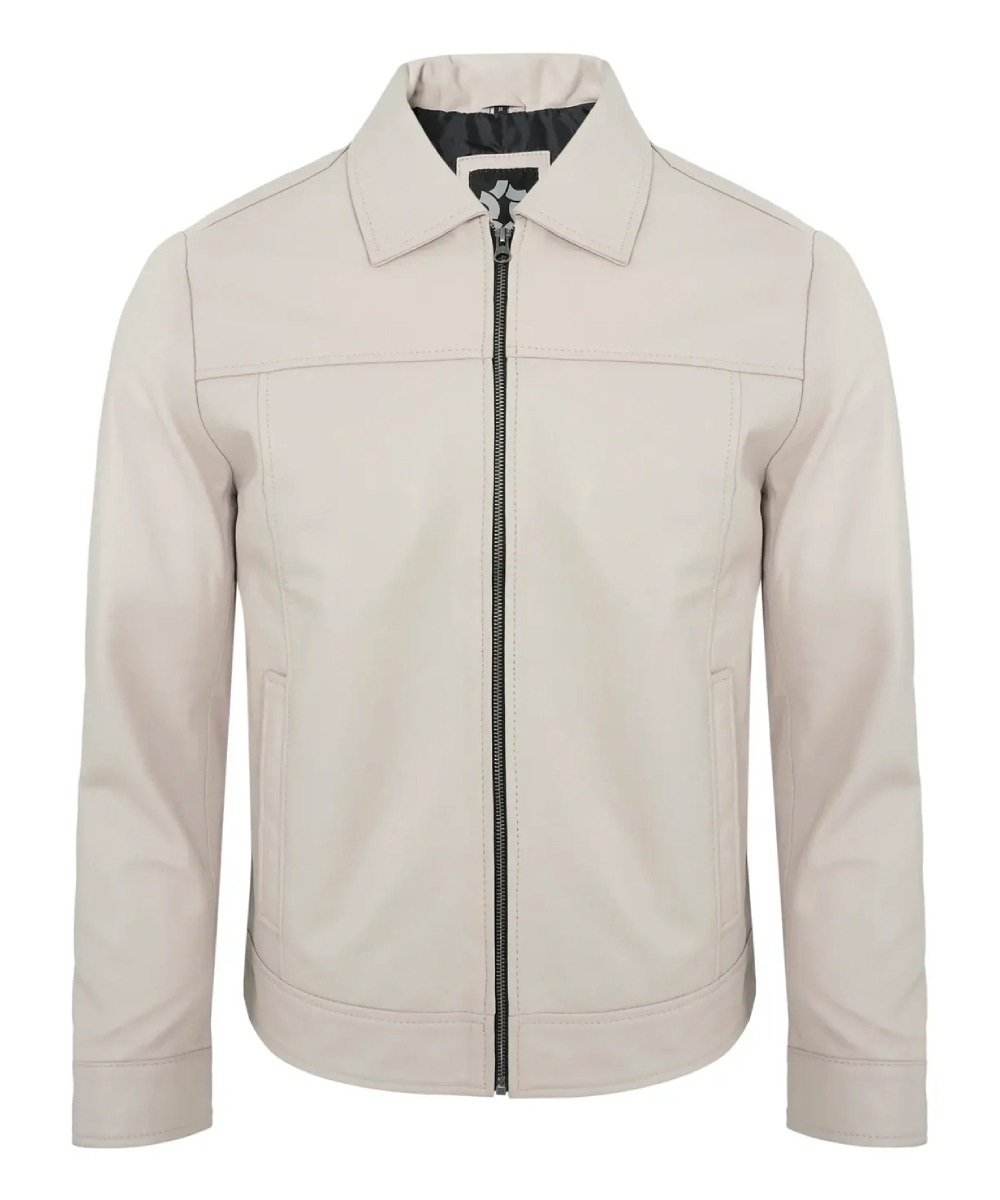 Real Lambskin Beige Motorcycle Jacket – Classic Turn-Down Collar for Men