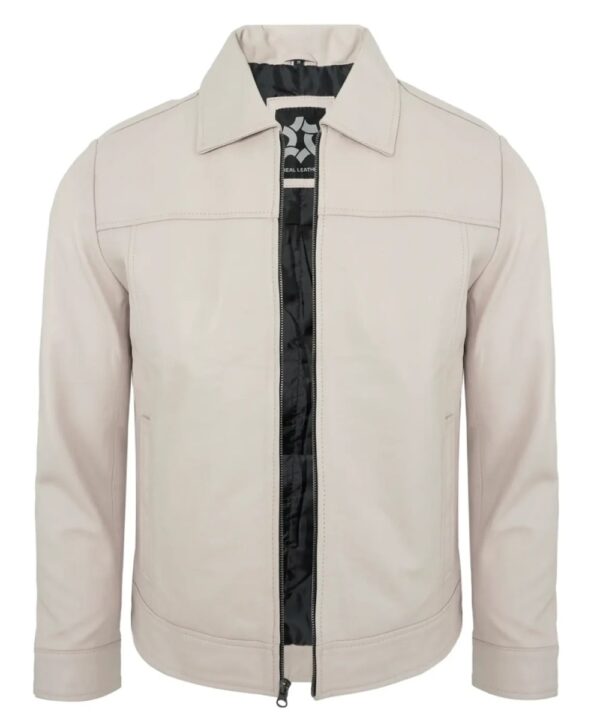 Real Lambskin Beige Motorcycle Jacket – Classic Turn-Down Collar for Men