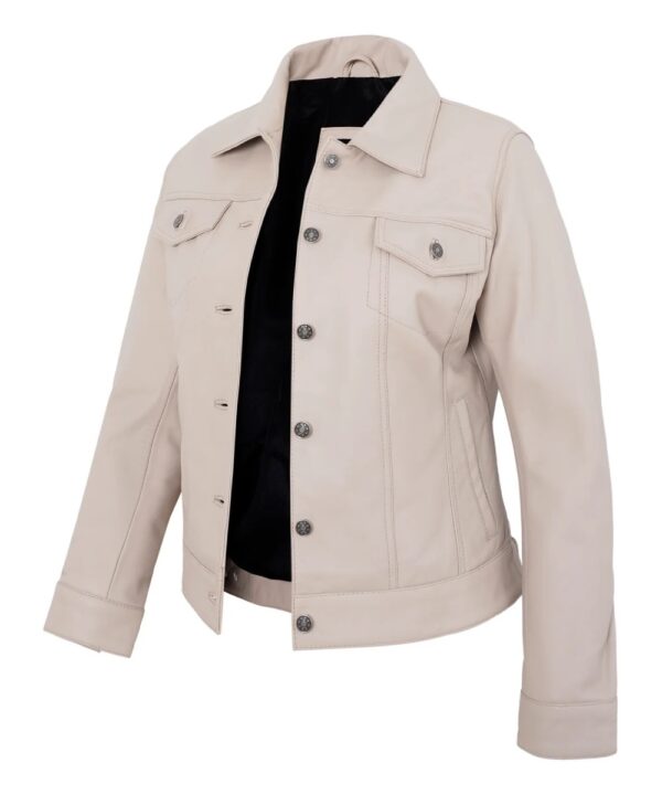 Real Lambskin Beige Trucker Jacket – Vintage Style for Women