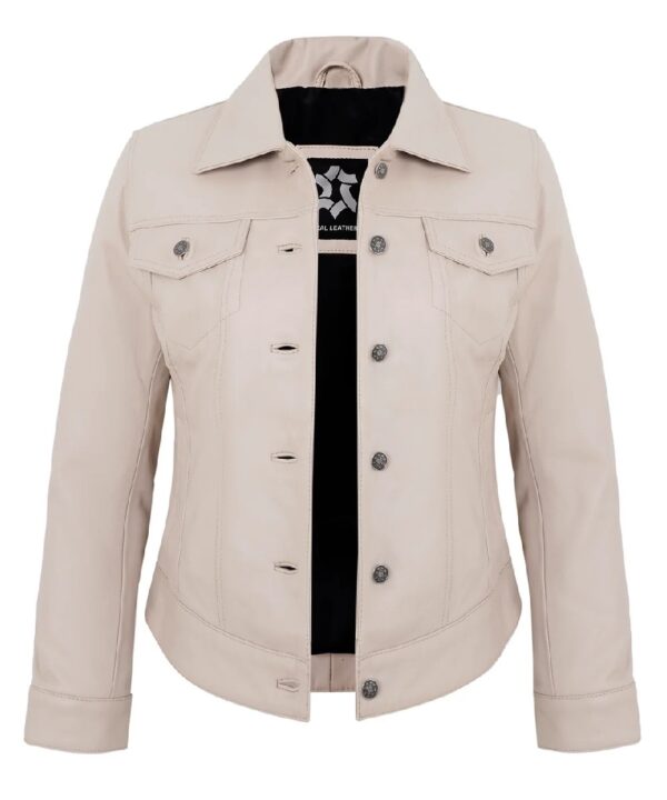 Real Lambskin Beige Trucker Jacket – Vintage Style for Women