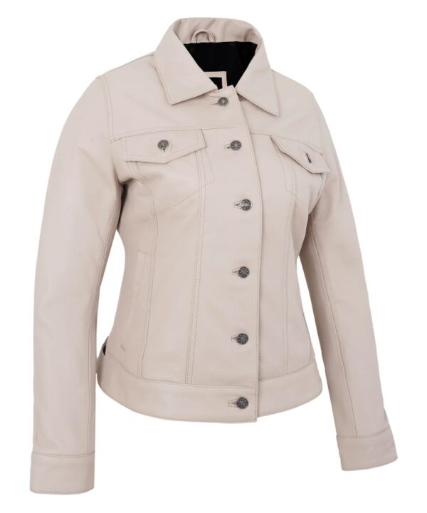 Real Lambskin Beige Trucker Jacket – Vintage Style for Women
