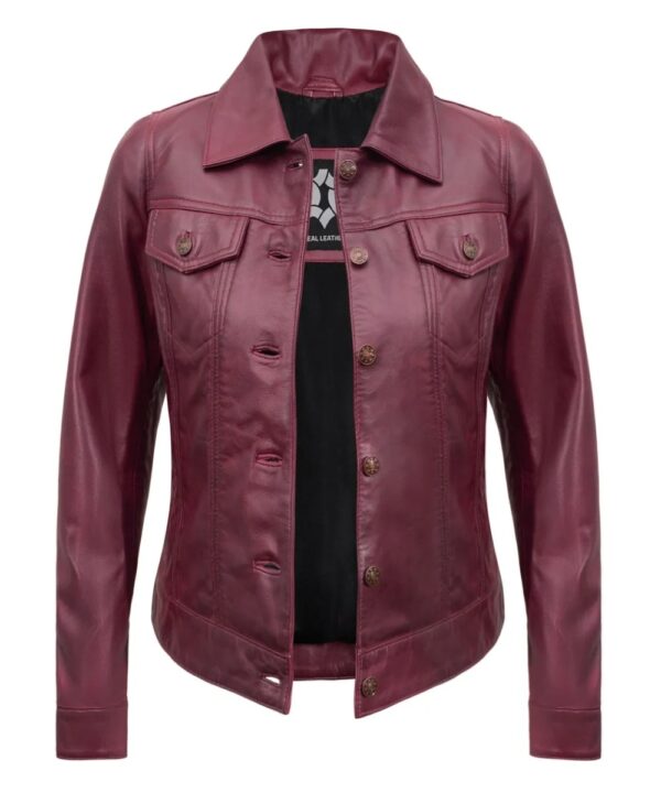 Real Lambskin Maroon Trucker Jacket – Vintage Style for Women