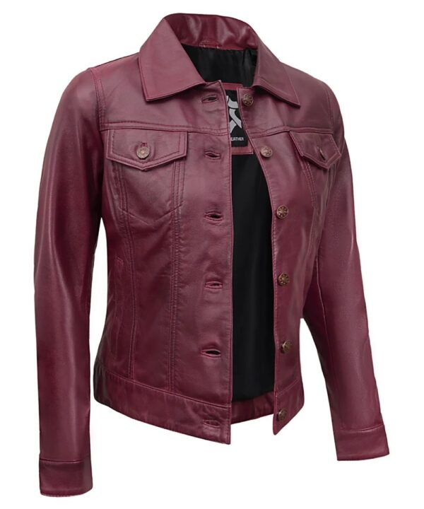 Real Lambskin Maroon Trucker Jacket – Vintage Style for Women