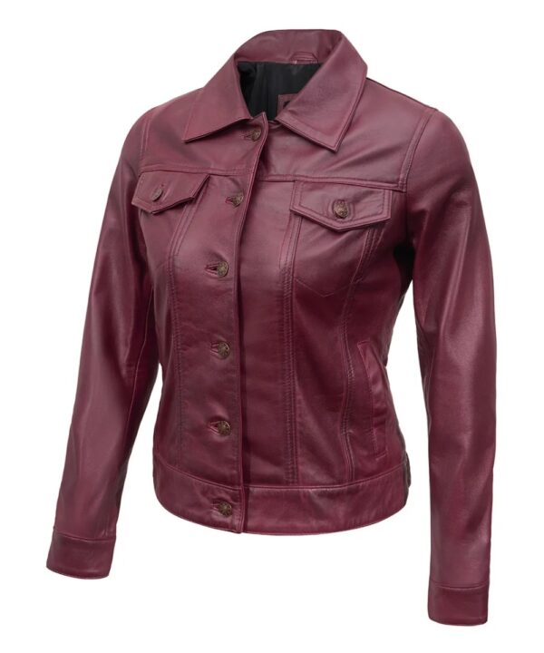 Real Lambskin Maroon Trucker Jacket – Vintage Style for Women