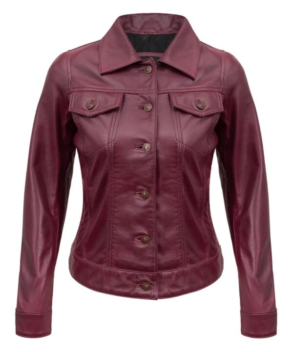 Real Lambskin Maroon Trucker Jacket – Vintage Style for Women