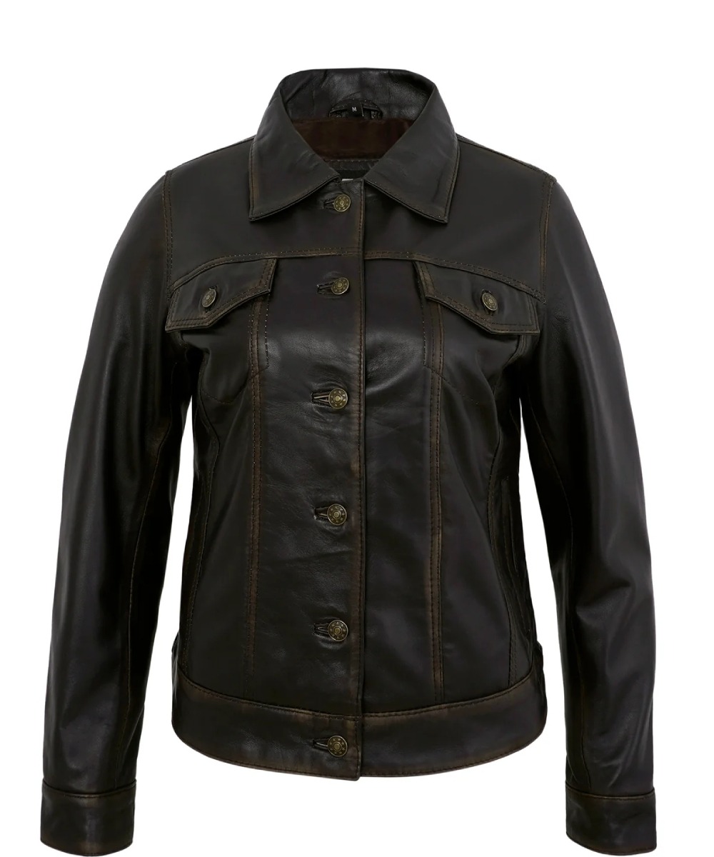 Ruboff Leather Button Jacket Trucker For Women Vintage Style