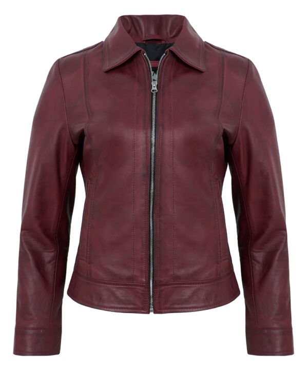 Womens Maroon Cafe Racer Down Collar Jacket