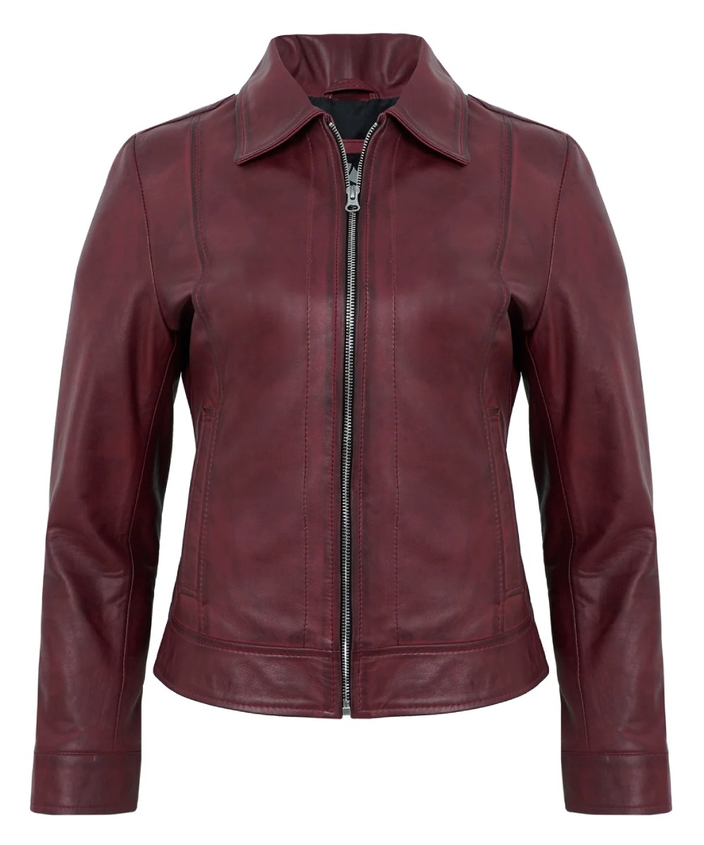 Womens Maroon Cafe Racer Down Collar Jacket