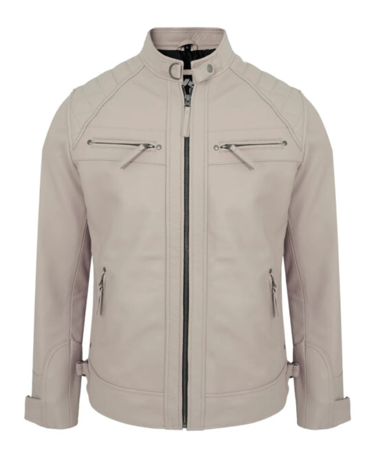 Beige Leather Motorcycle Jacket – Men's Biker Style with Quilted Shoulders