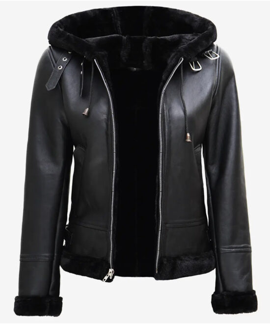 Women's Black Hooded Aviator Leather Jacket with Faux Shearling