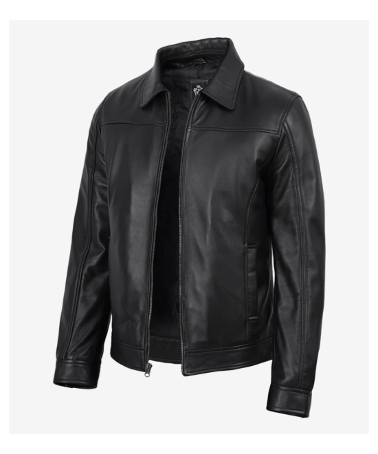 Men’s Black Leather Harrington Jacket – Classic Style