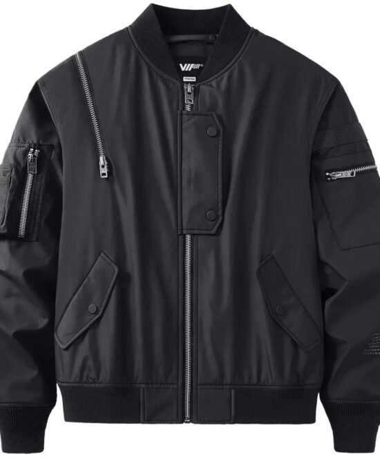 Black Techwear Utility Bomber Jacket