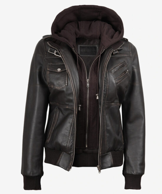 Women’s Brown Distressed Leather Bomber Jacket – Hooded Style