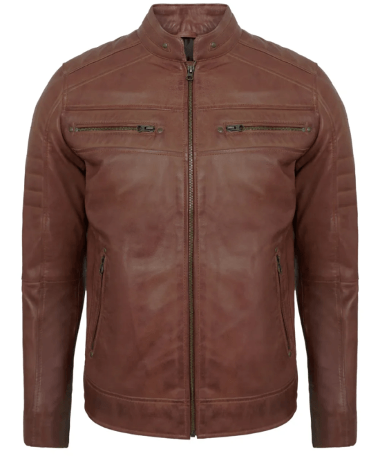Brown Men’s Lambskin Cafe Racer Leather Jacket – Biker Style
