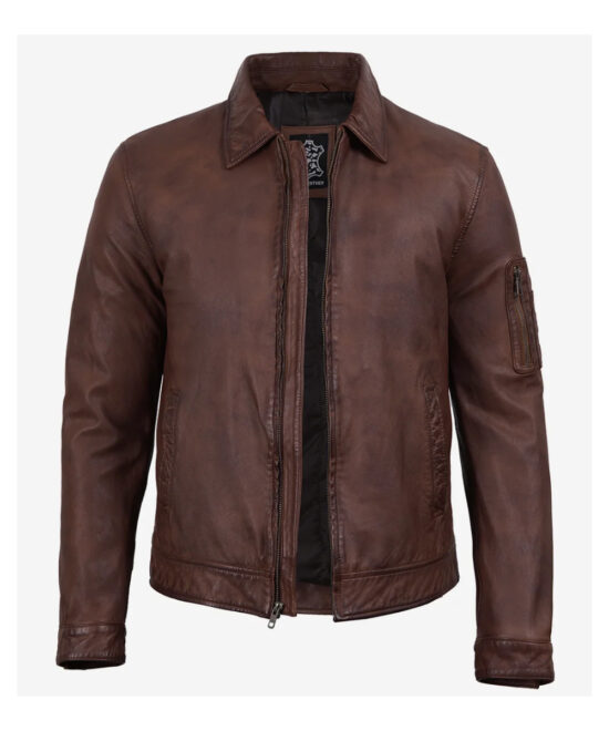 Men’s Cognac Waxed Leather Harrington Jacket – Classic Style