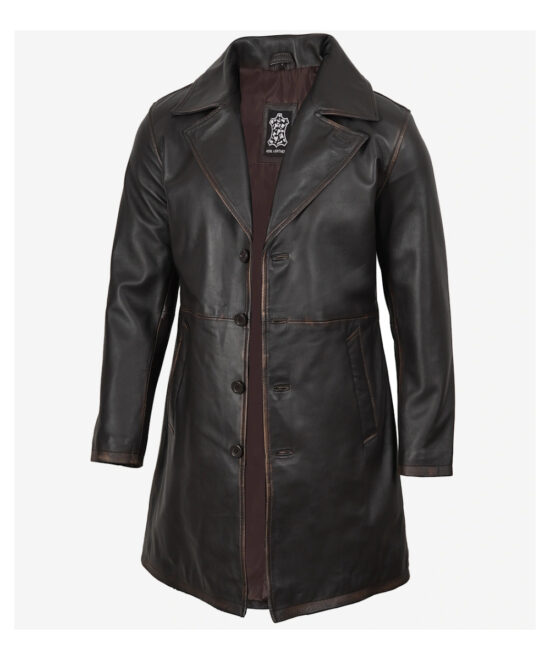 Men’s Dark Brown Real Leather Car Coat – Classic Long Style
