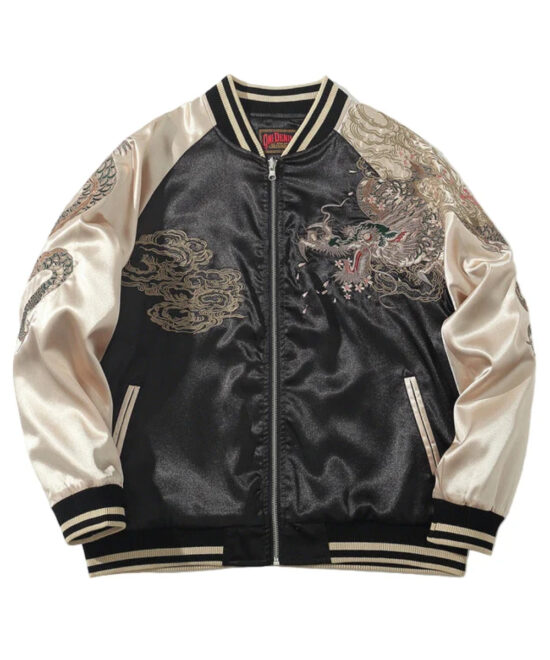 Khaki Dragon Embroidered Cyberpunk Utility Jacket