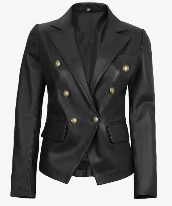 Women’s Double-Breasted Black Leather Blazer