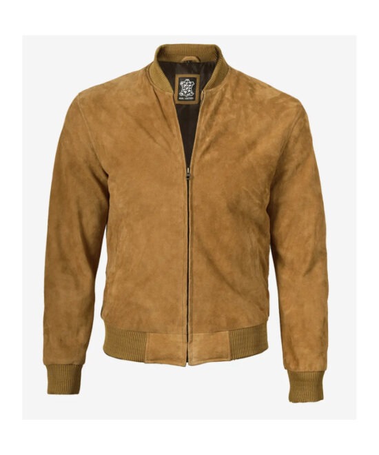 Men’s Light Brown Suede Bomber Jacket – Classic Ribbed Zip-Up Style