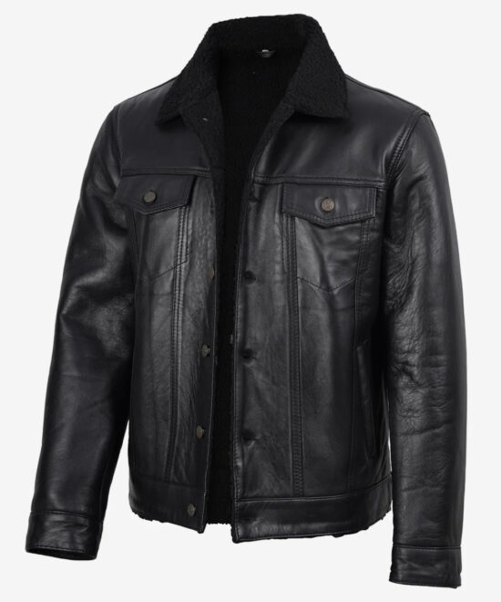 Men’s Black Lambskin Leather Sherpa Jacket – Rugged Winter Style