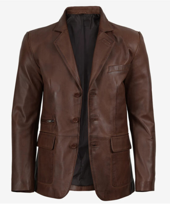Men’s Cognac Waxed Leather Blazer – Three-Button Tailored Fit