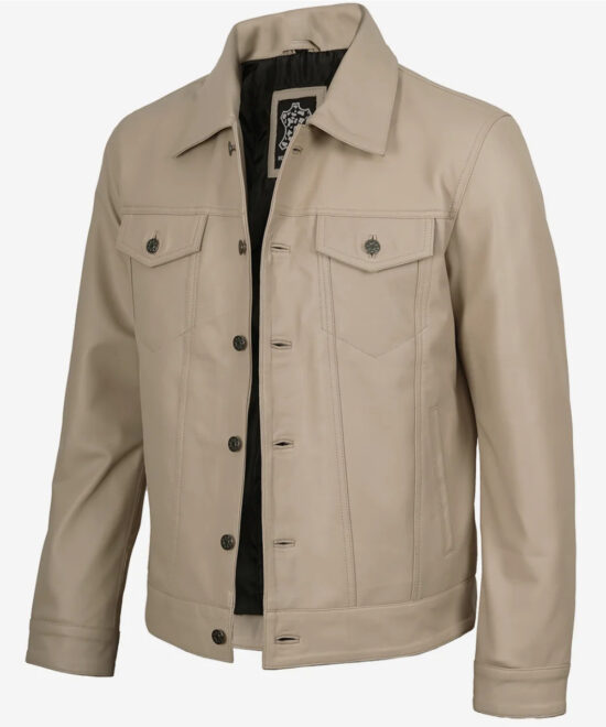 Men’s Beige Lambskin Leather Trucker Jacket – Classic Casual Style