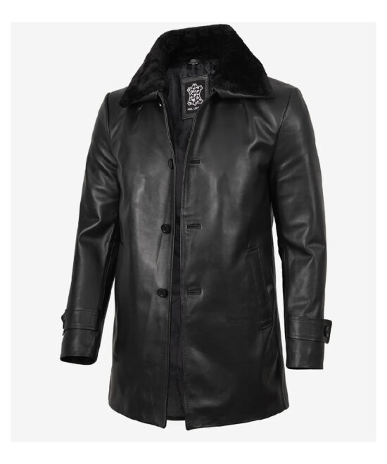 Men’s Black Cowhide Leather Coat – Shearling Collar Style