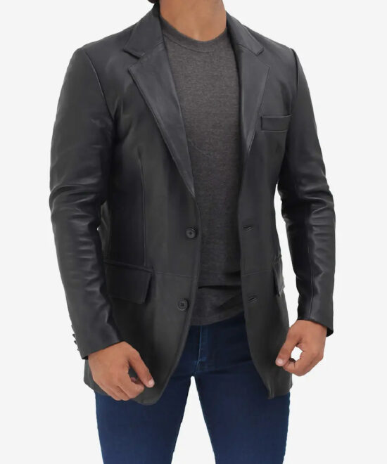 Men’s Black Lambskin Leather Blazer – Two-Button Tailored Fit