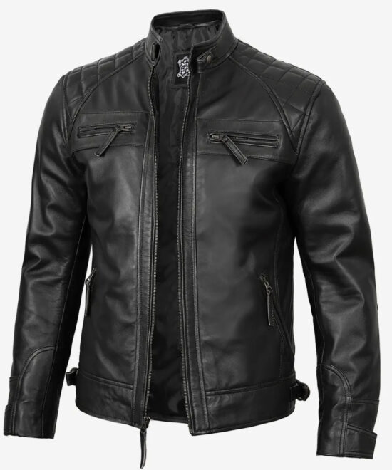 Men’s Black Leather Biker Jacket – Quilted Shoulder Panels