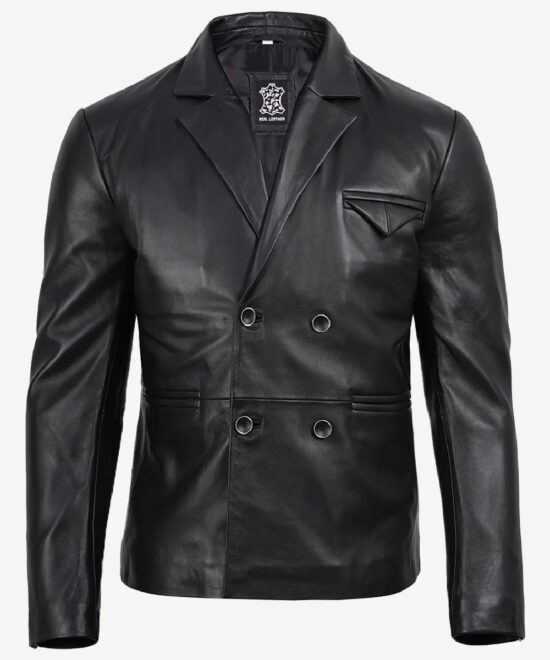 Men’s Black Leather Blazer – Double-Breasted Tailored Fit