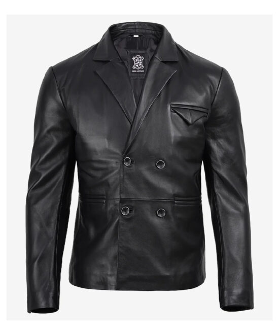Men’s Black Leather Blazer – Classic Double-Breasted Fit