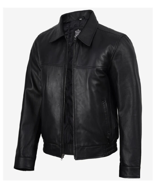 Men’s Black Leather Bomber Jacket with Shirt Collar – Classic Style