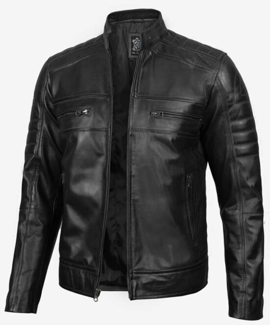 Men’s Black Leather Café Racer Jacket – Classic Zip-Up Style