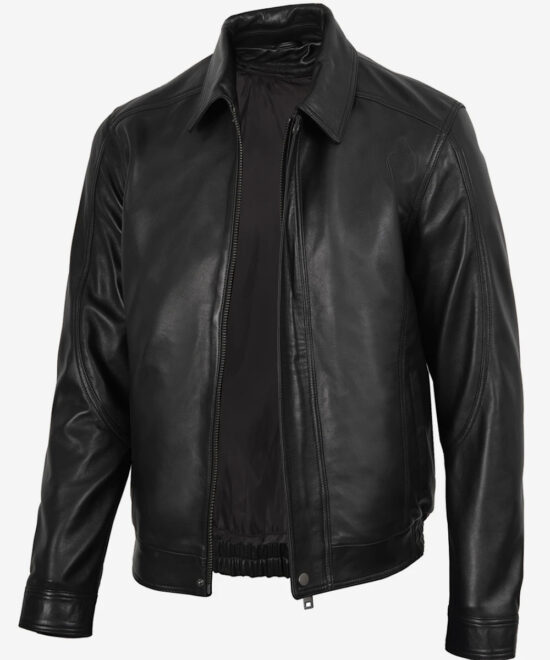 Men’s Black Genuine Leather Bomber Jacket – Shirt Collar Style