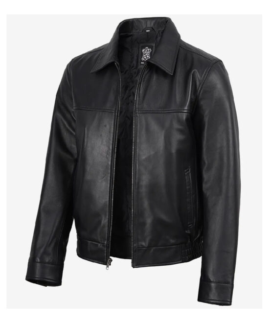 Men’s Black Leather Bomber Jacket with Shirt Collar – Classic Style