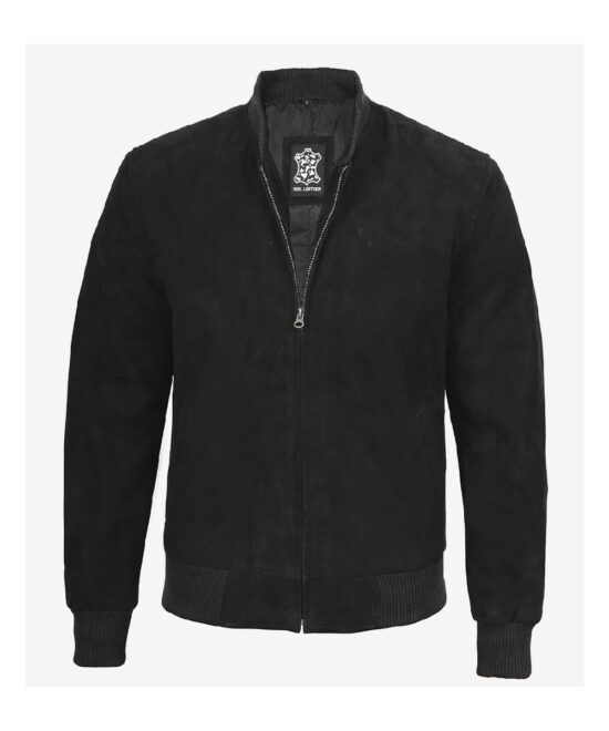 Men’s Black Suede Bomber Jacket – Classic Mandarin Collar