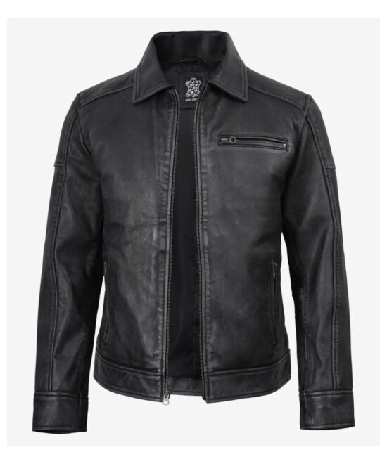 Men’s Black Washed Leather Harrington Jacket – Classic Style