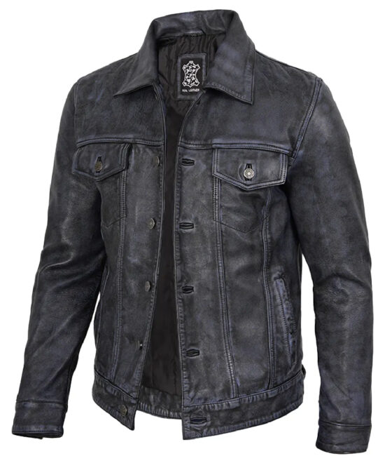 Men’s Black Washed Leather Jacket – Rugged Trucker Style